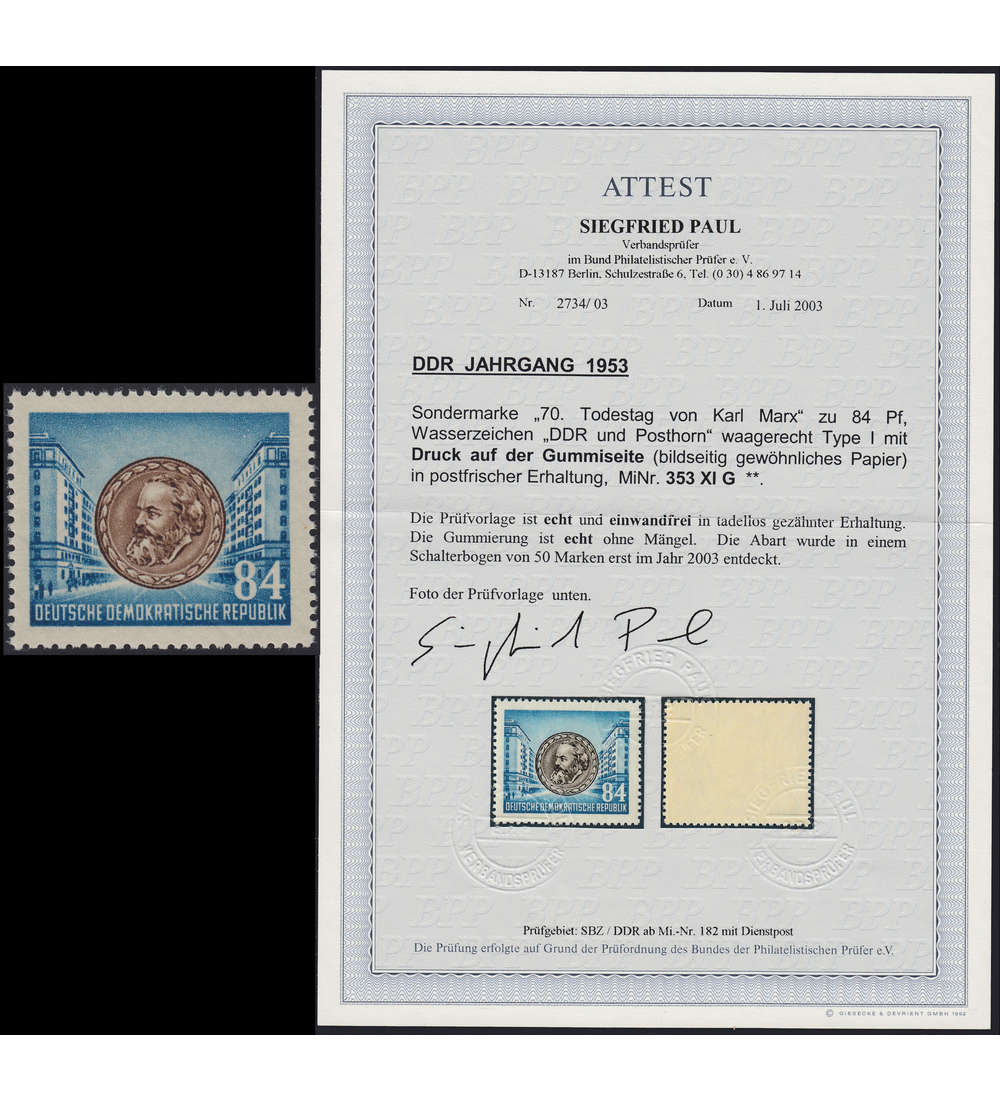 DDR Nr. 353 XI G postfrisch ** mit Fotoattest Paul Druck auf Gummiseite