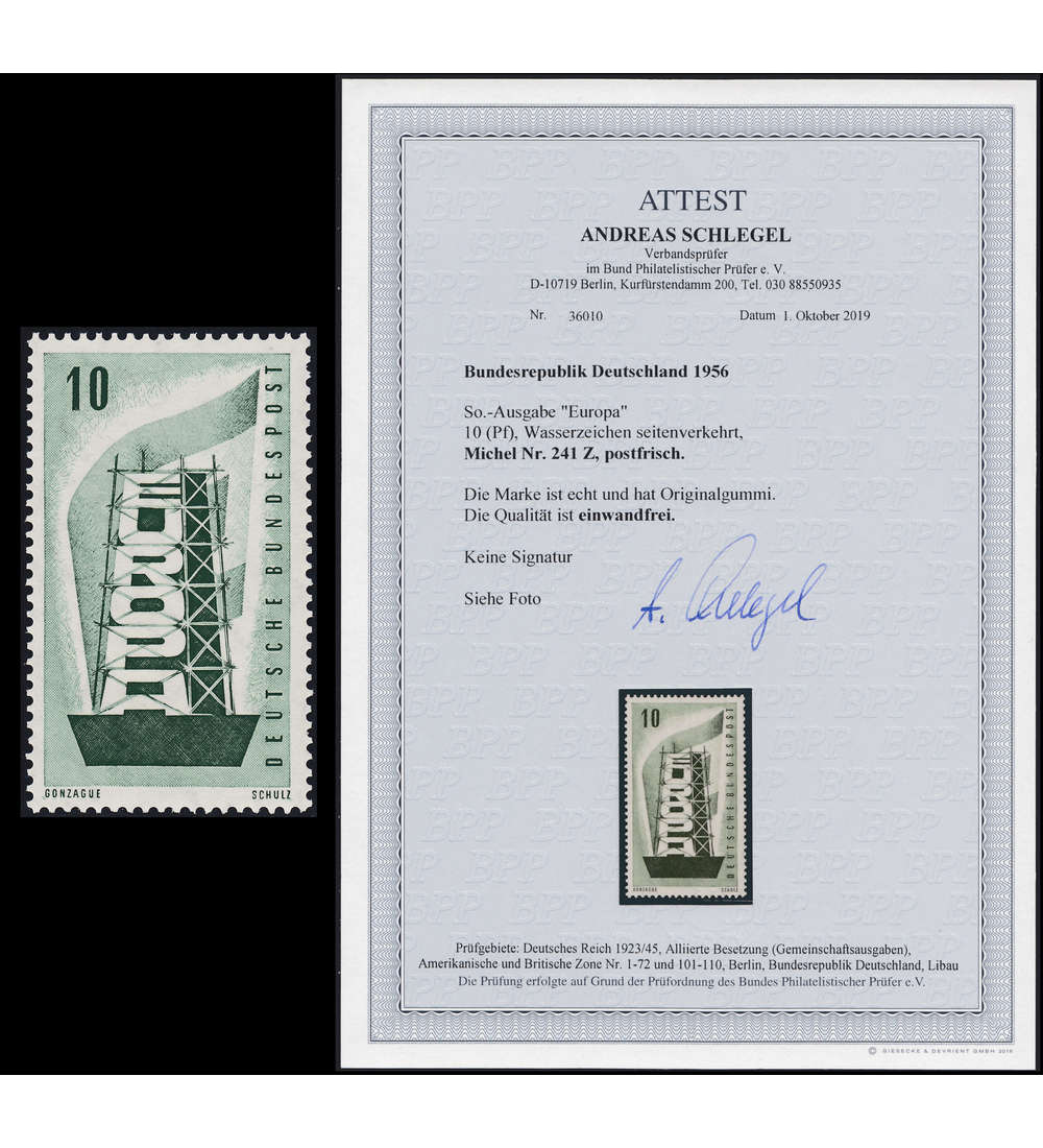 BRD Bund Nr. 241 Z Europa 1956 mit seitenverkehrtem Wasserzeichen Fotoattest