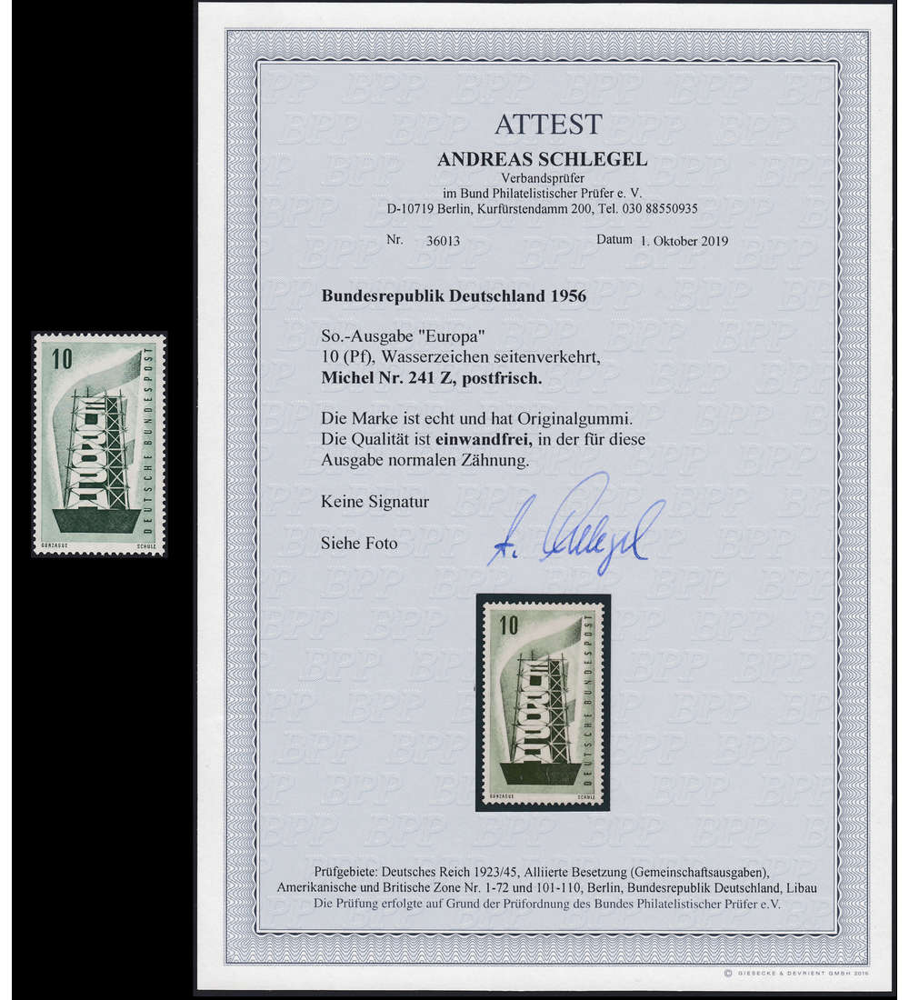 BRD Bund Nr. 241 Z Europa 1956 mit seitenverkehrtem Wasserzeichen