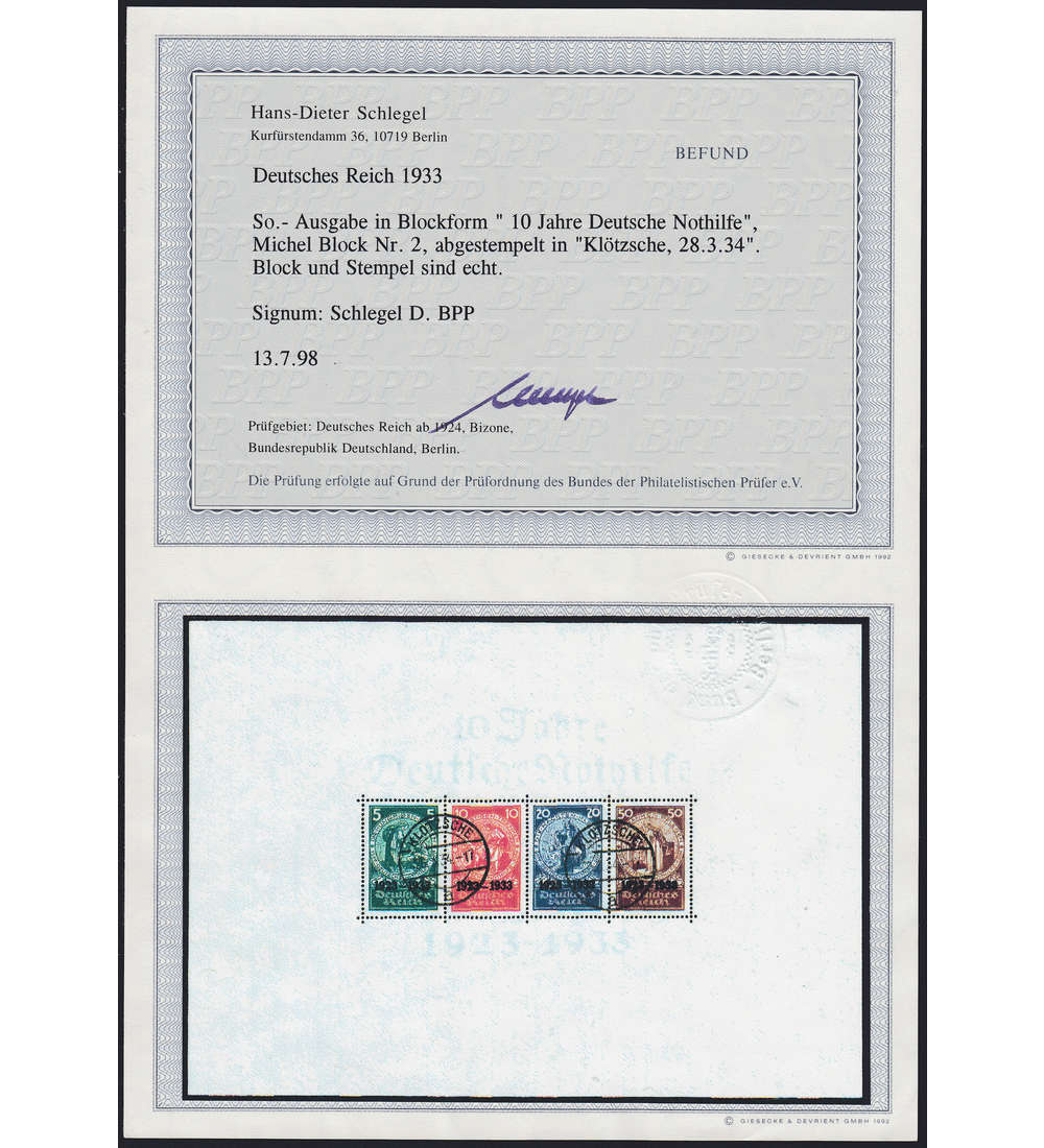 Deutsches Reich Block 2 gestempelt mit Fotobefund Schlegel