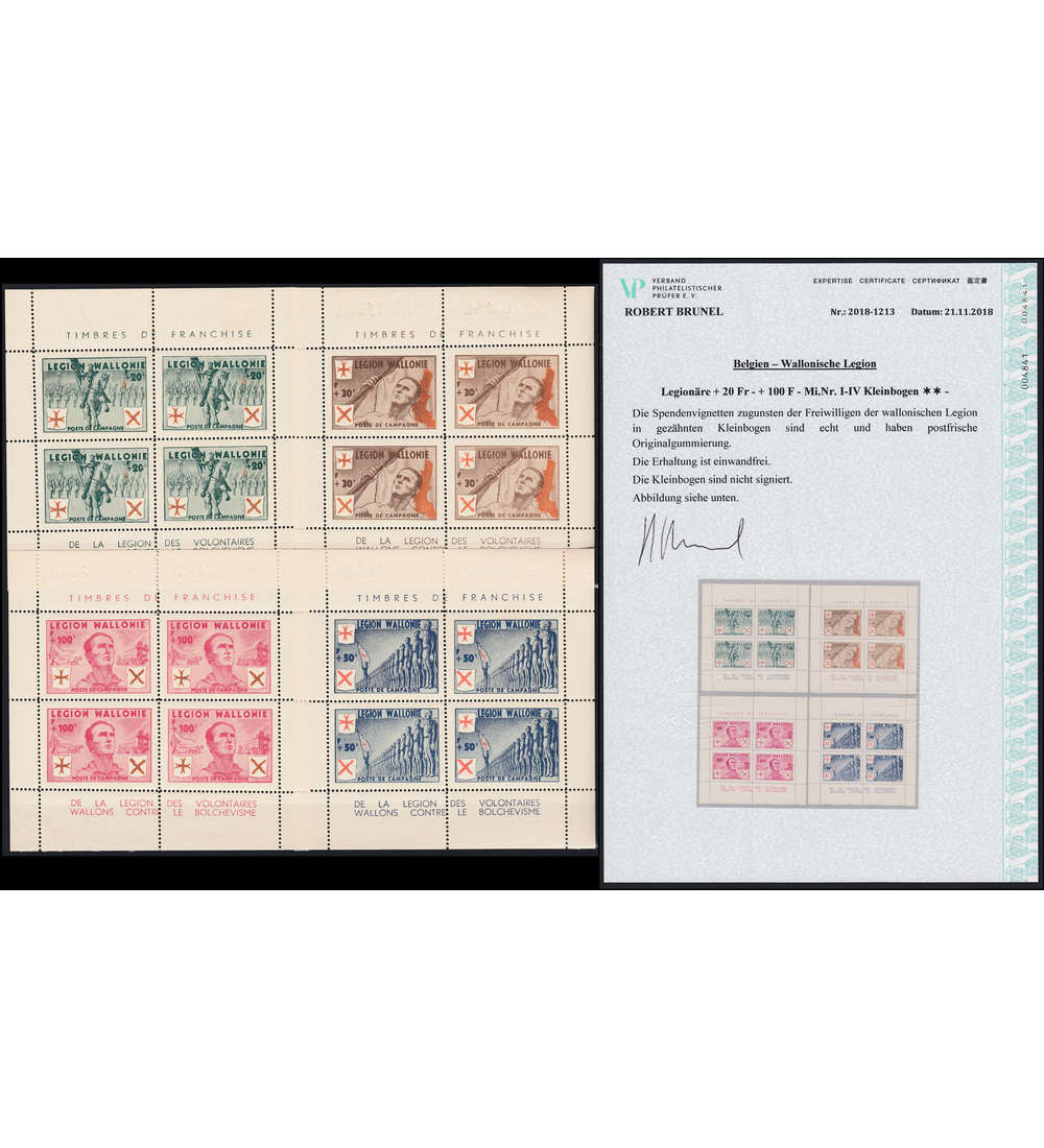 Deutsche Besetzung Belgien Wallonische Legion Nr. i-IV postfrisch ** Kleinbgen mit Farbfotoattest