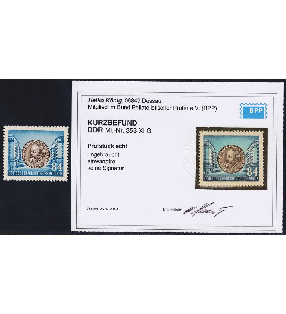   DDR Nr. 353 XI G postfrisch ** mit Befund Knig Druck auf Gummiseite
