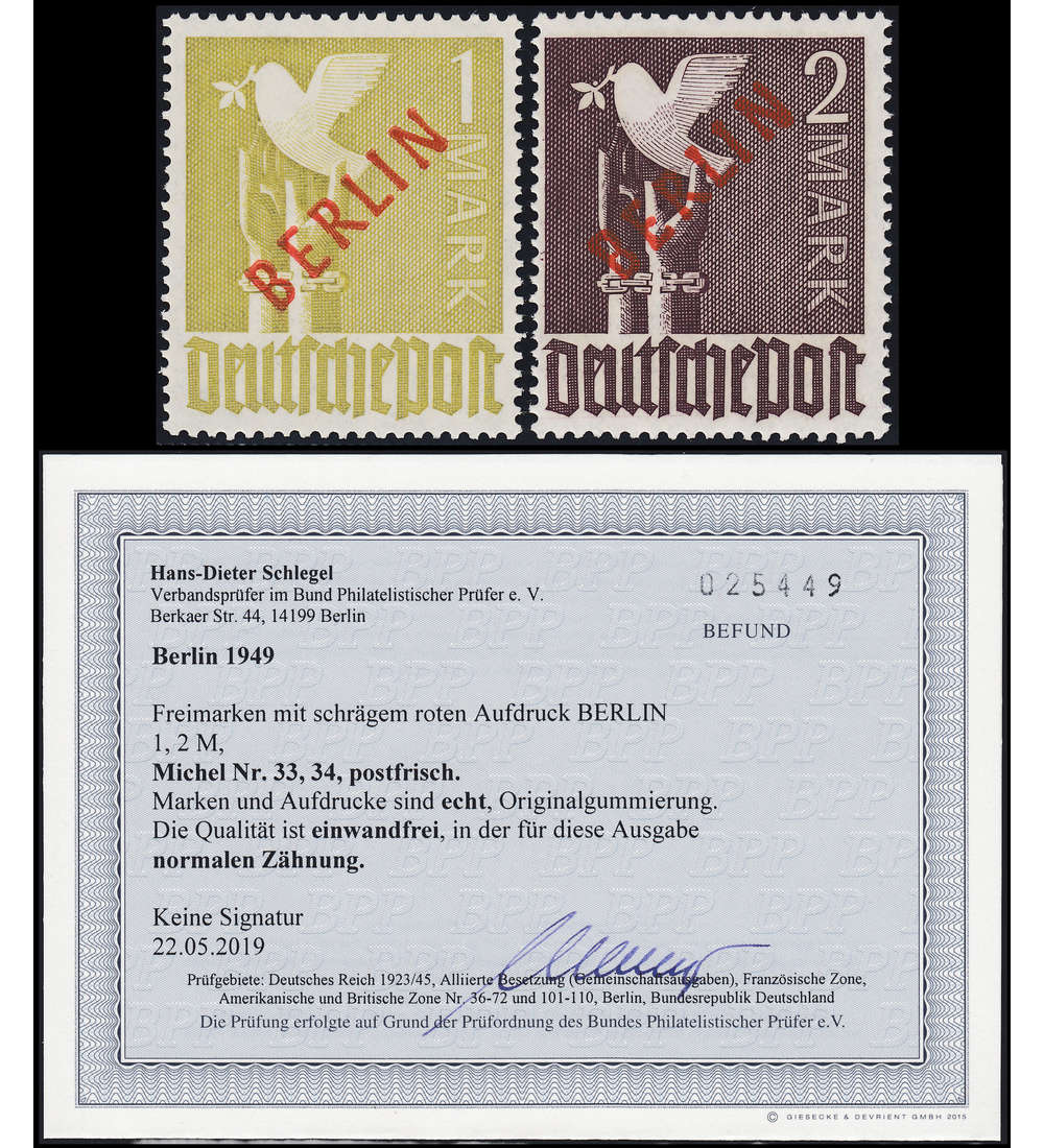 Berlin Nr. 33 - 34 Rotaufdruck postfrisch Fotobefund Schlegel