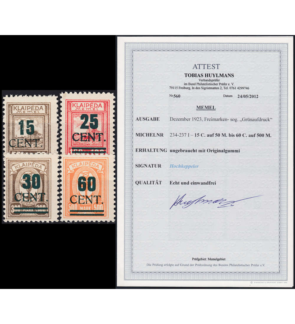Memel Nr. 234 I - 237 I postfrisch ** geprft u. signiert dazu Farbfotoattest