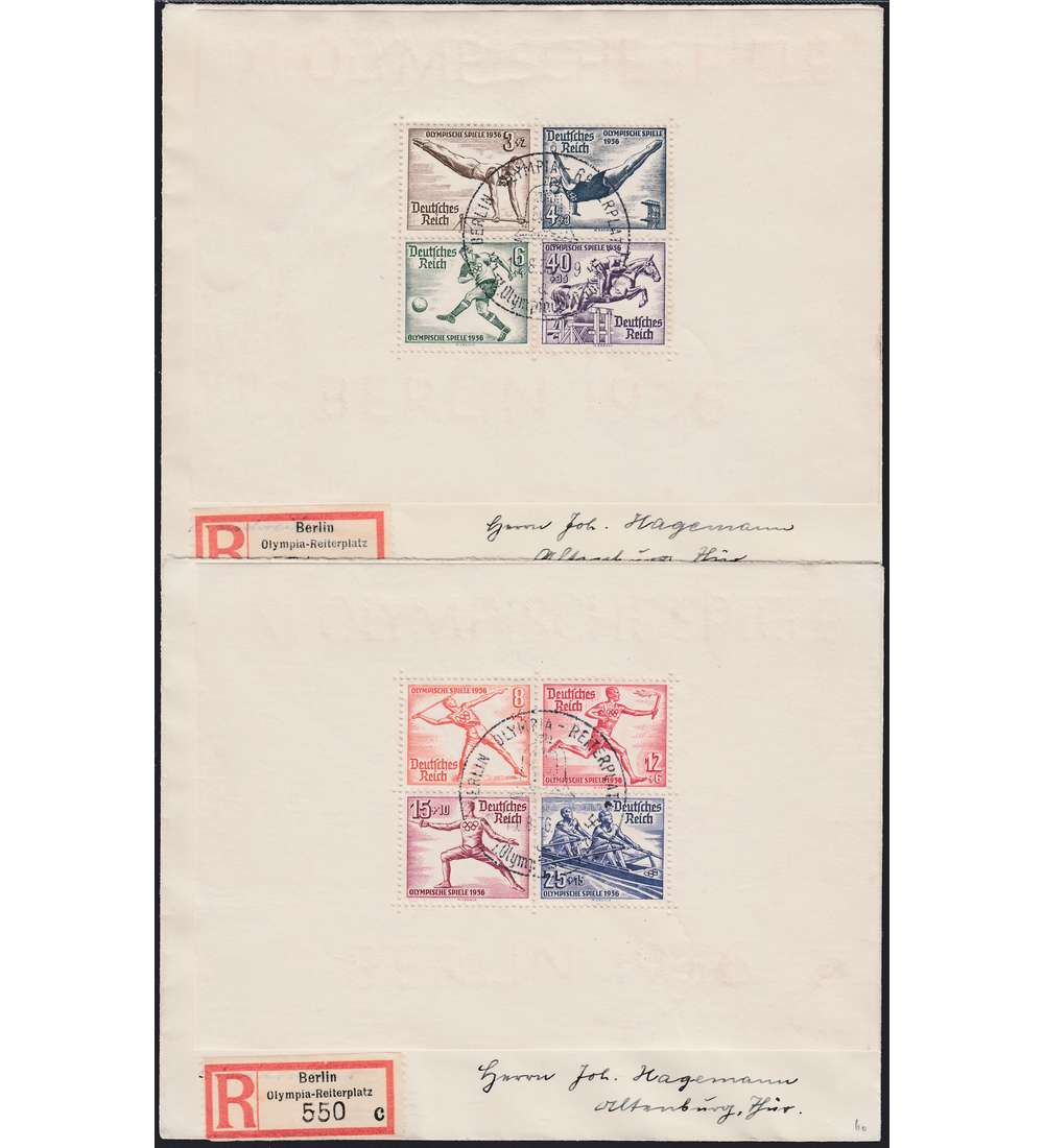 Deutsches Reich Block 5 + 6 Olympiade - Blockpaar auf Einschreibebriefen