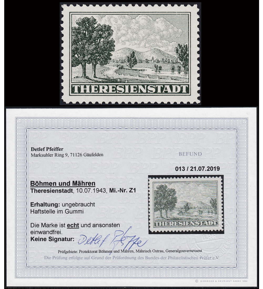 Bhmen und Mhren postfrisch ** Theresienstadt mit minimaler Haftstelle mit Farbfotobefund