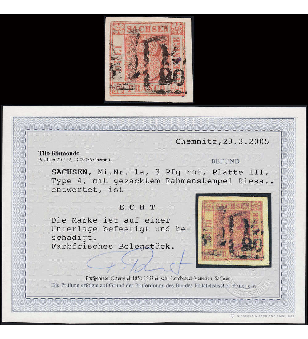 Sachsen Nr. 1 gestempelt mit Fotobefund Rismondo