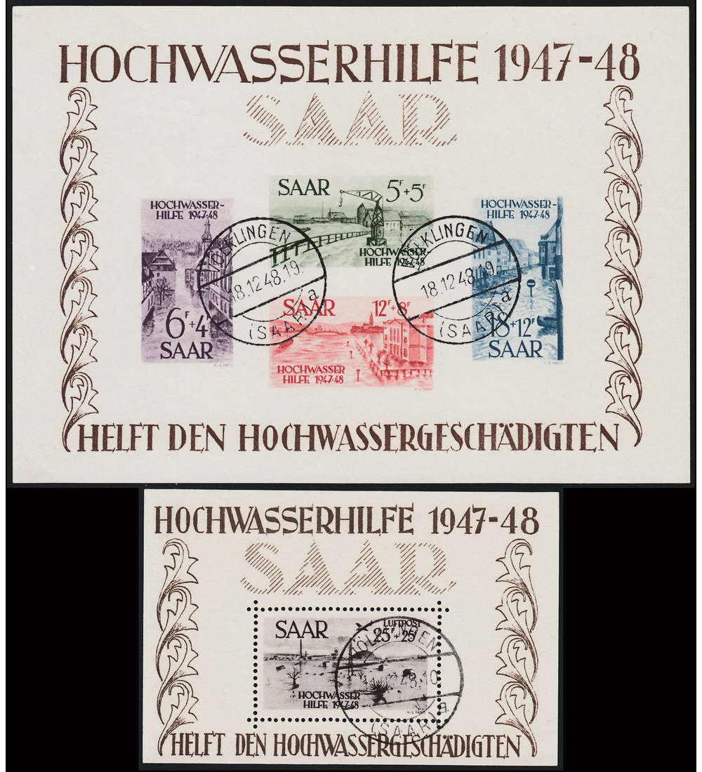 Saar Block 1+2 gestempelt, geprft + signiert Hochwasserhilfe 1948