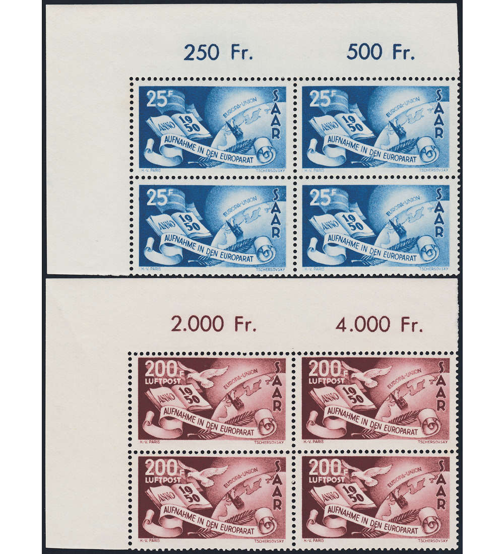 Saar Nr. 297-298 postfrisch ** Eckrand-4er-Block links oben Europarat 1950