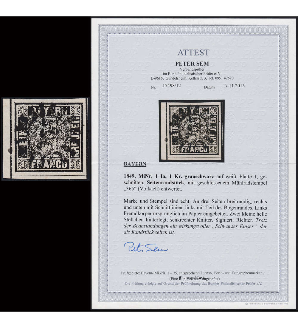 Bayern Nr. 1 gestempelt mit Fotoattest Sem