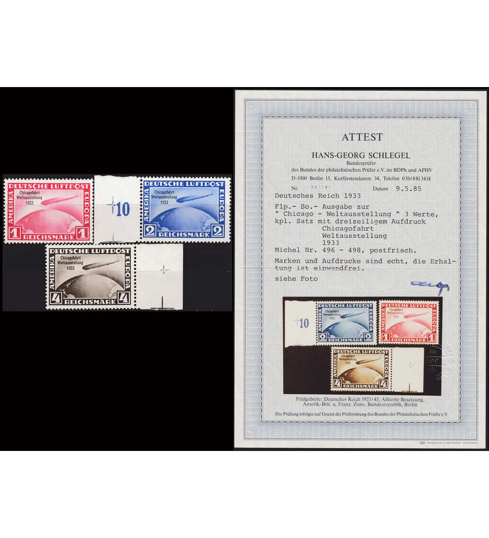 Deutsches Reich Nr.496-98 postfrisch ** mit Fotoattest Schlegel Chicagofahrt 1933