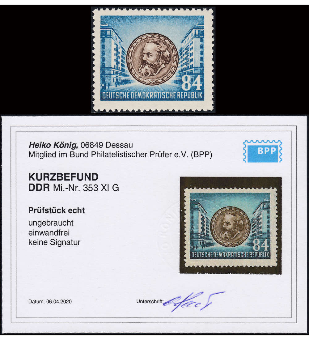 DDR Nr. 353 XI G ungestempelt  mit Kurzbefund Knig Druck auf Gummiseite