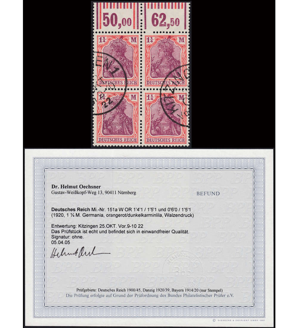 Deutsches Reich Nr. 151 gestempelt Oberrand-4er-Block mit Fotobfund