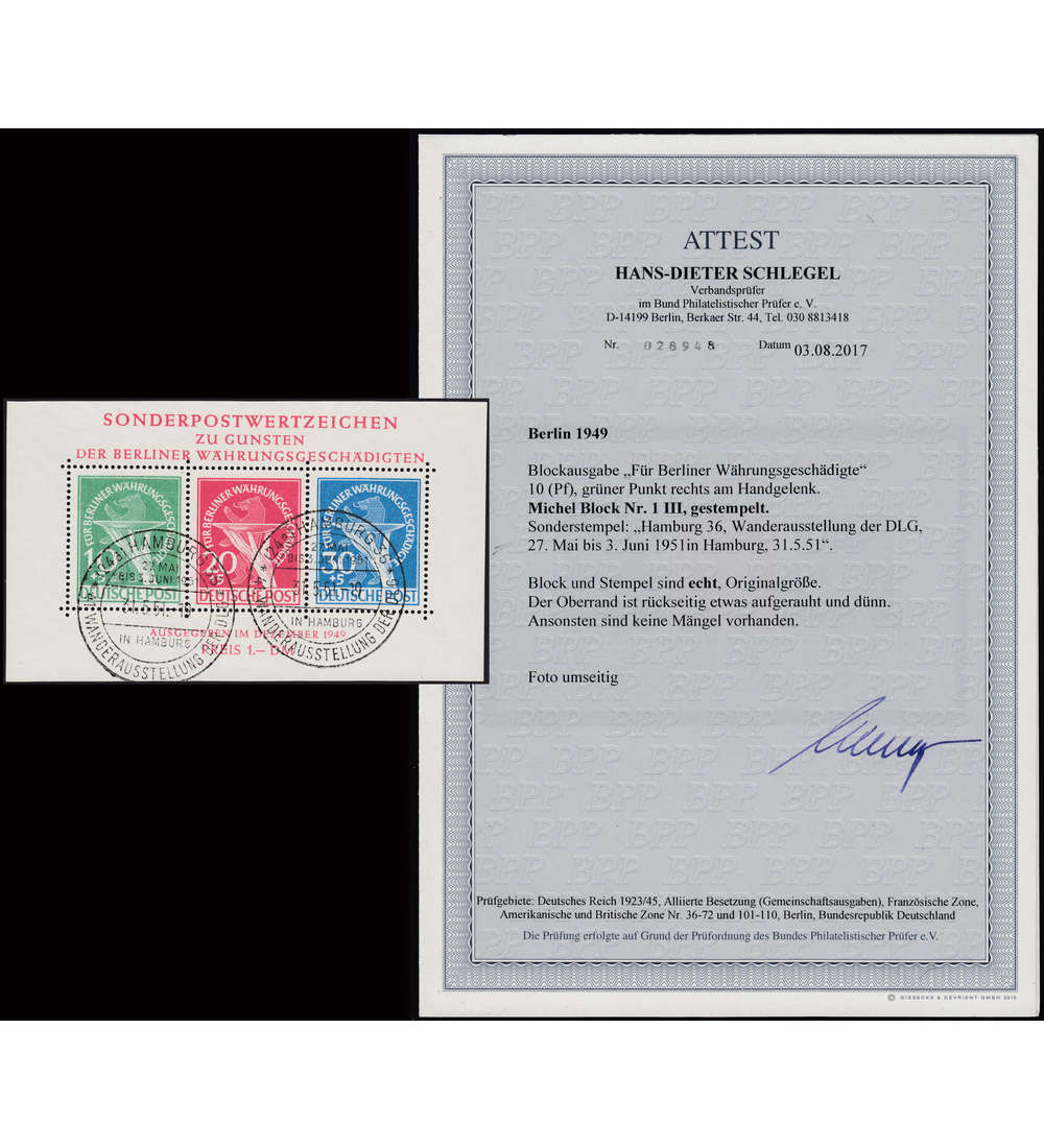 Berlin Block 1 III gestempelt Farbfotoattest Schlegel