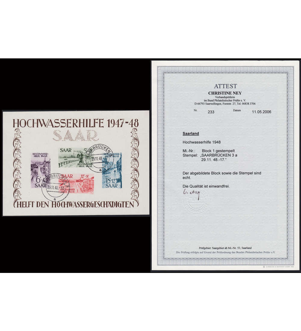 Saar Block 1 gestempelt mit Fotoattest Ney