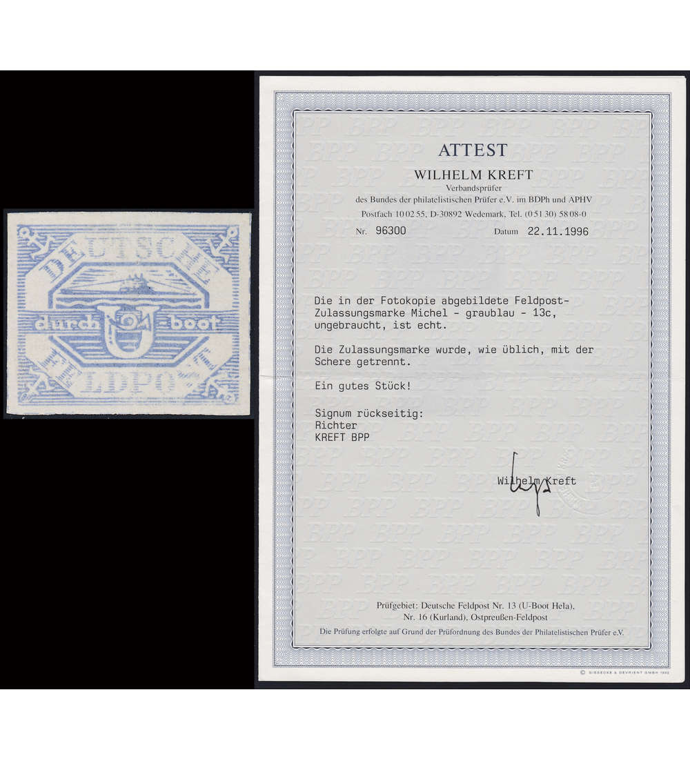 Deutsches Reich Feldpost Nr. 13 c ungestempelt U-Boot-Marke mit Fotoattest