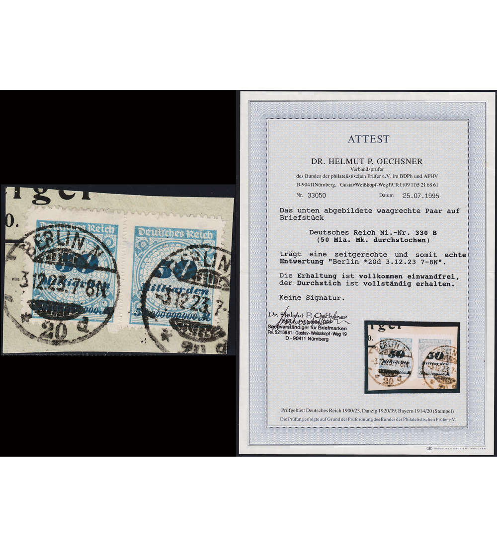 Deutsches Reich Nr. 330 B gestempelt waagerechtes Paar mit Farbfotoattest