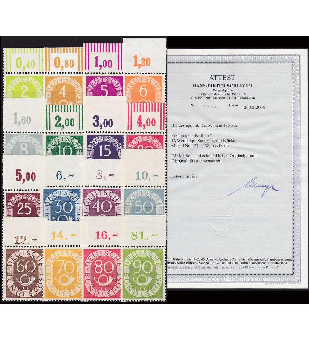 BRD Bund Nr. 123-138 postfrisch ** Oberrandsatz mit Fotoattest