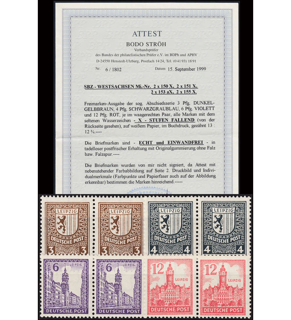 SBZ Nr. 150-155 X postfrische Paare Abschiedsserie Farbfotoattest