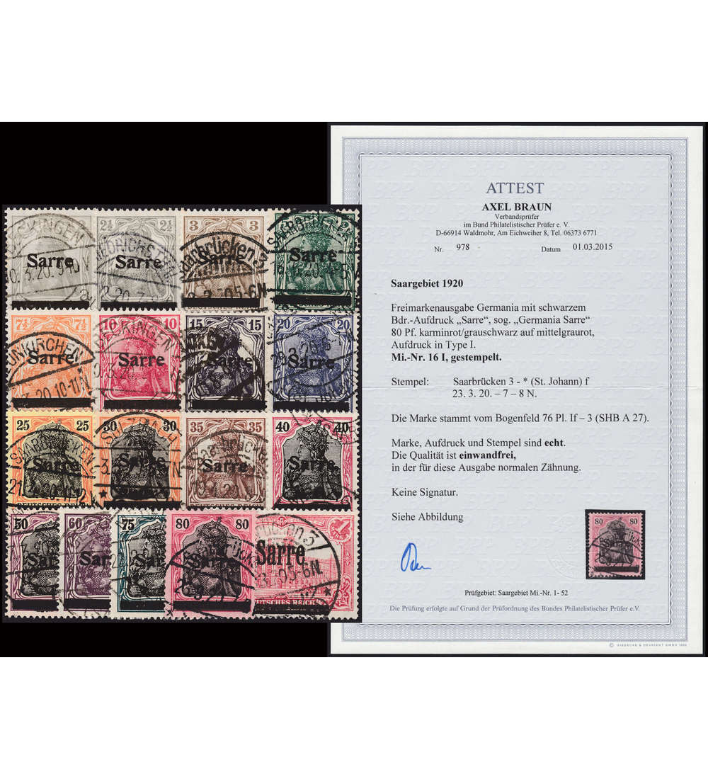 Saargebiet Nr. 1-17 gestempelt Nr. 16 mit Farbfotoattest