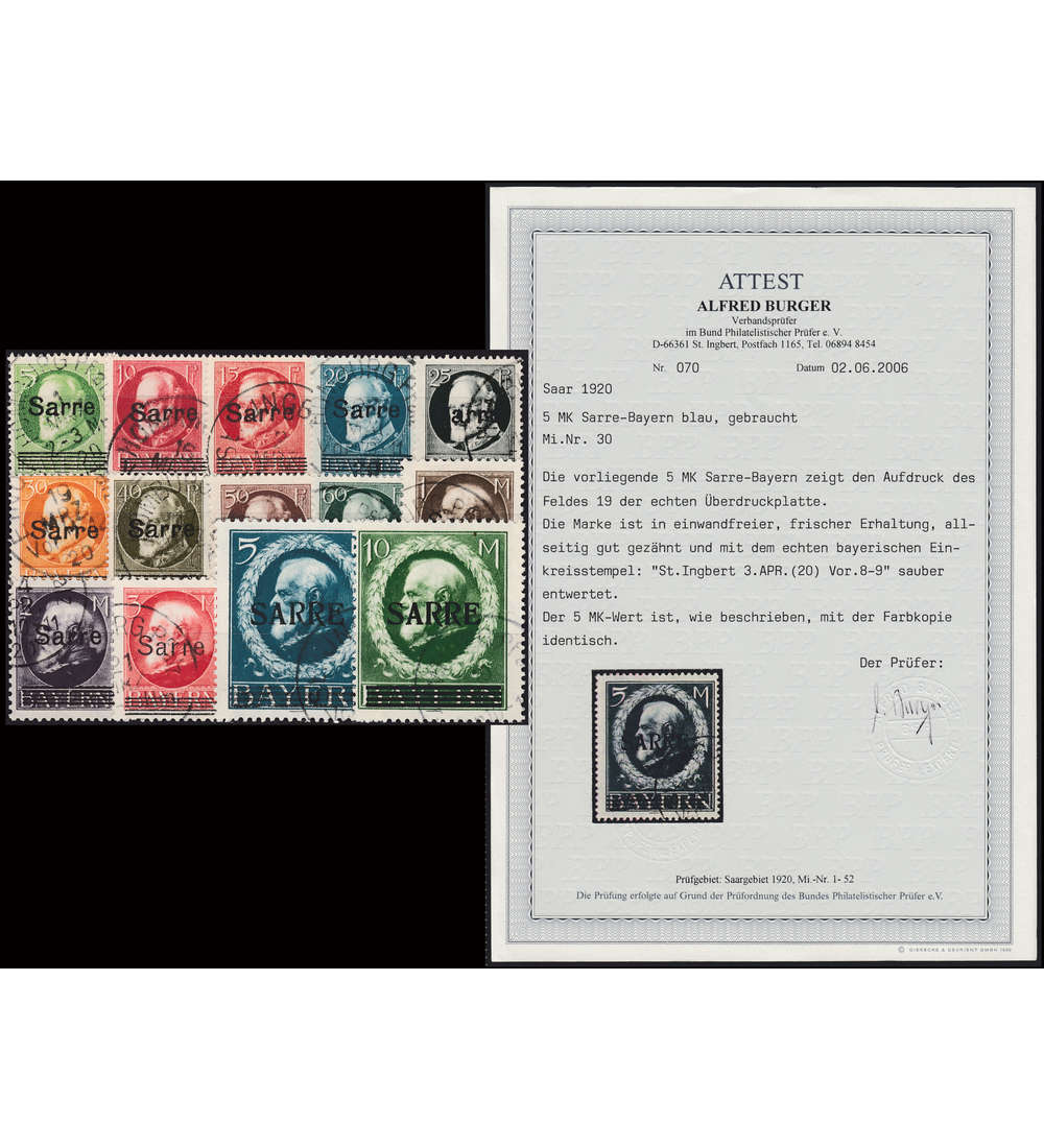 Saargebiet Nr. 18-31 gestempelt Nr. 30 mit Farbfotoattest