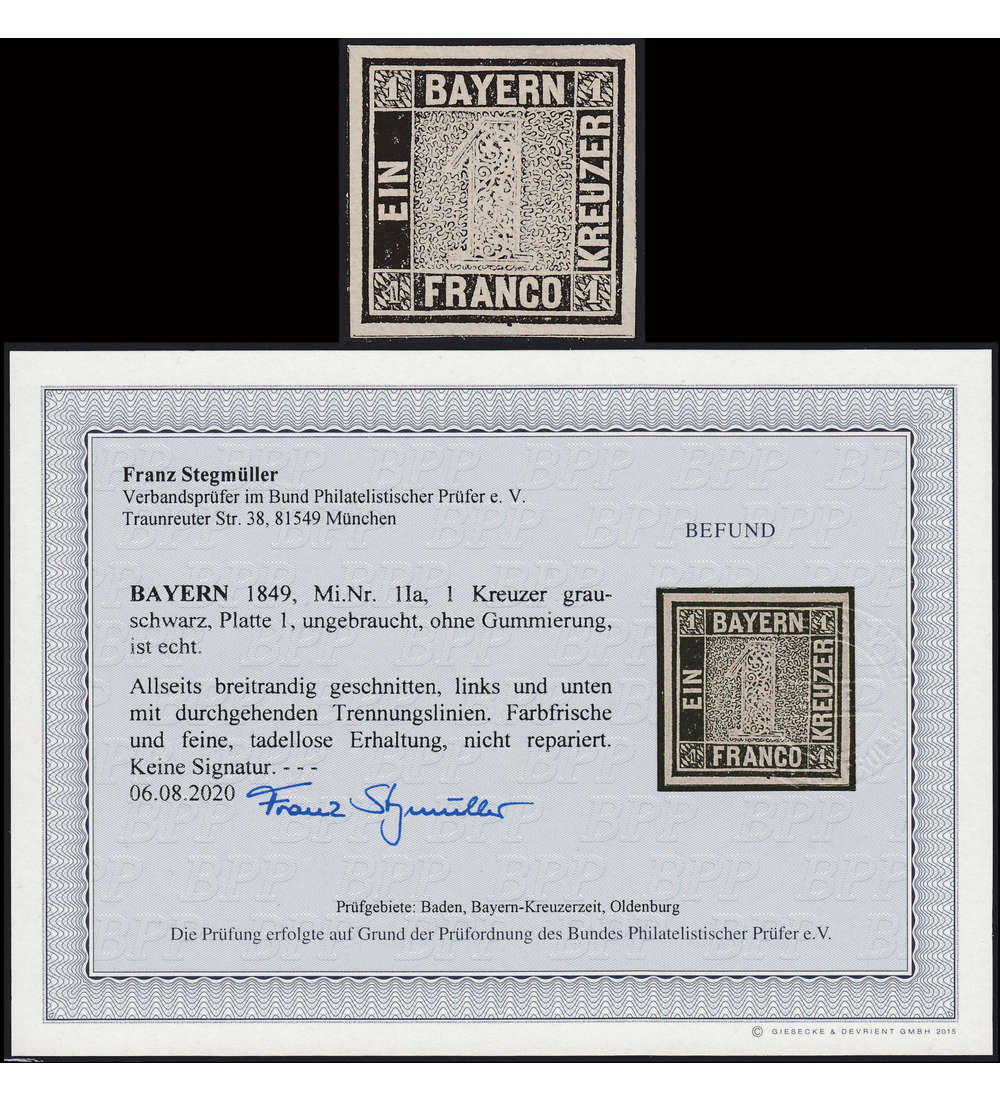 Bayern Nr. 1 ungestempelt mit Farbfotobefund