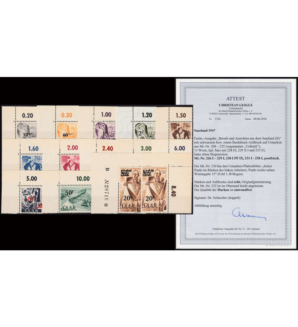 Saar Nr. 205-225 I postfrisch ** Urdruck Eckrnder mit Fotoattest