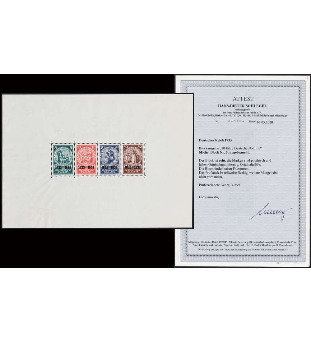 Deutsches Reich Block 2 ungestempelt Nothilfe 1933 Farbfotoattest