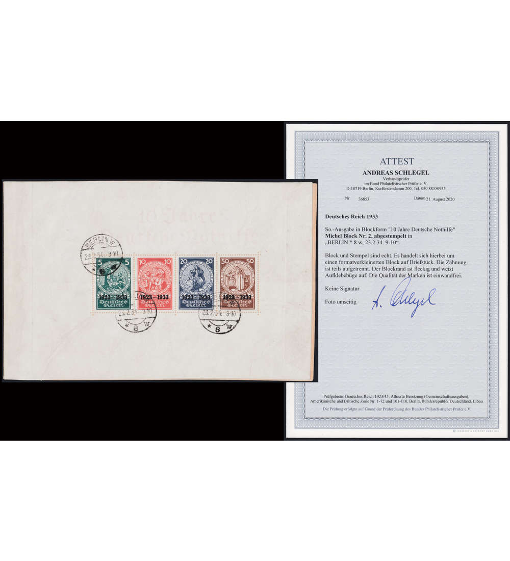 Deutsches Reich Block 2 gestempelt formatverkleinert mit Fotoattest
