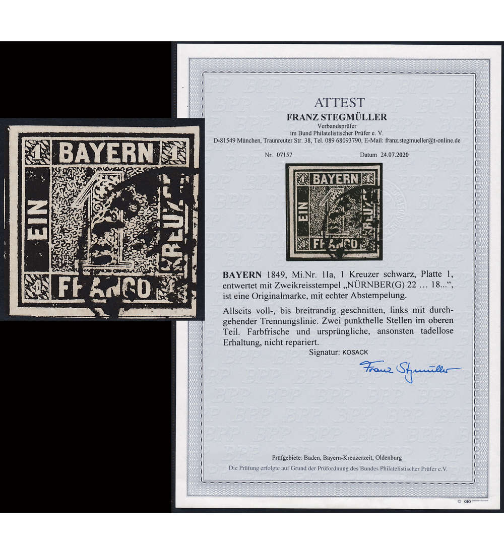 Bayern Nr. 1 gestempelt Zweikreisstempel Nrnberg mit Fotoattest