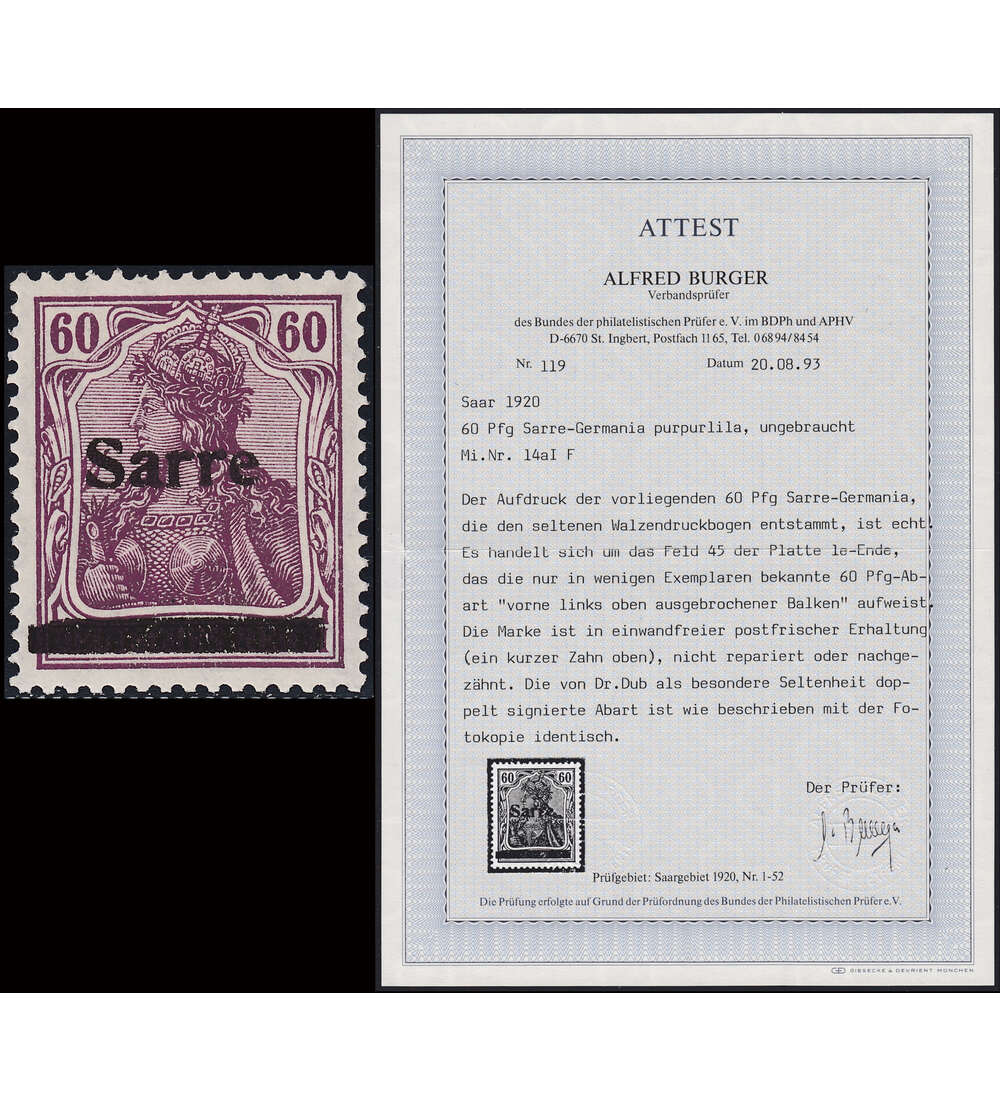 Saar Nr. 14 aI F postfrisch ** mit Farbfotoattest