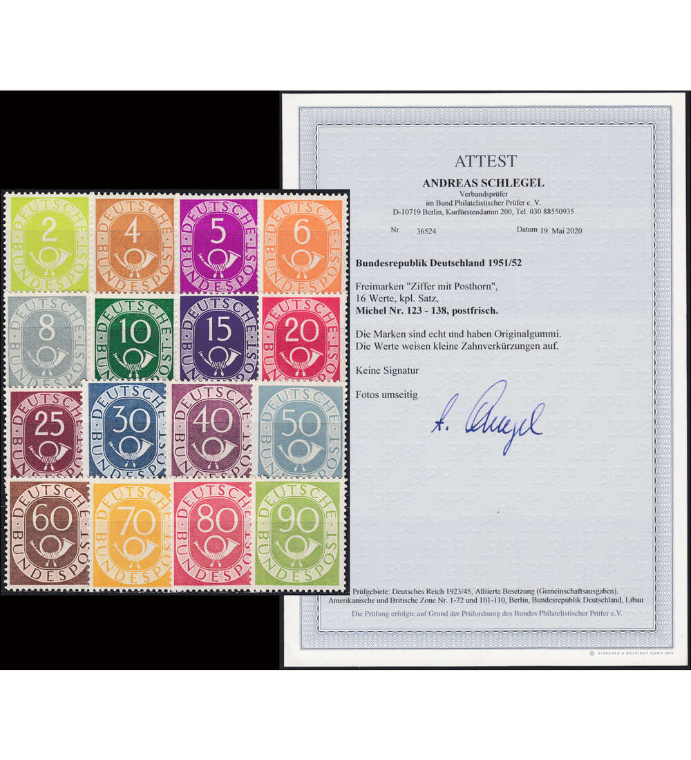 BRD Bund Nr. 123-138 postfrisch Farbfotoattest Schlegel