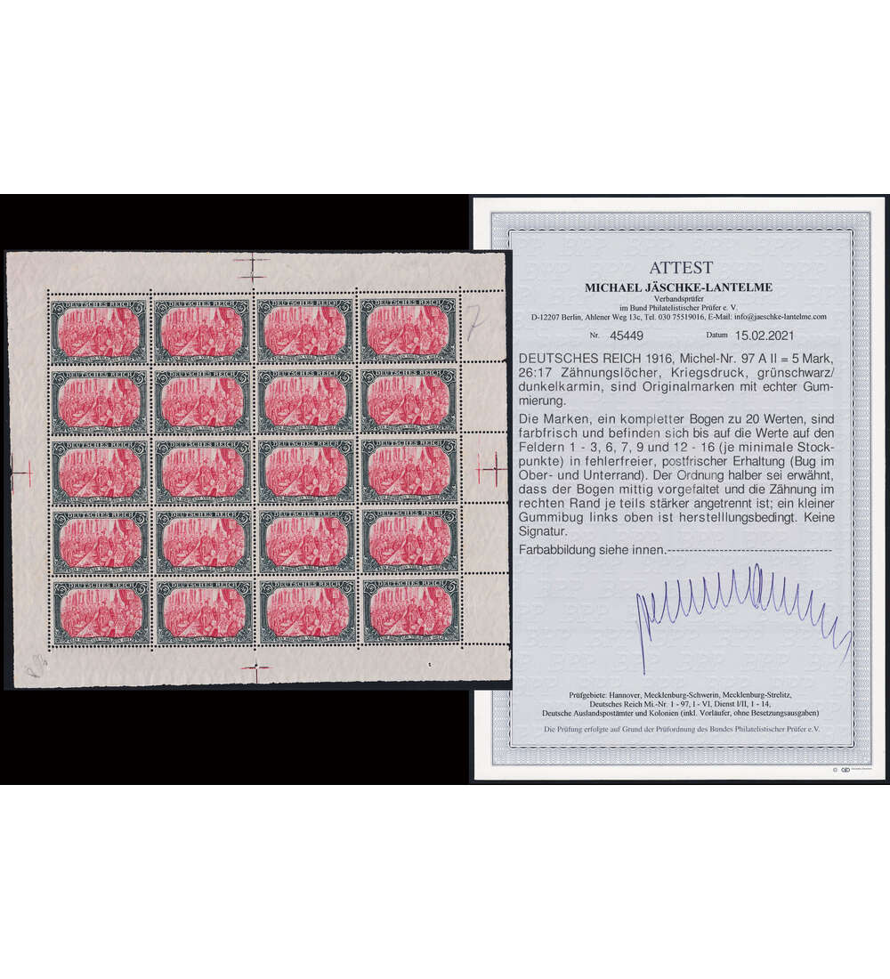 Deutsches Reich Kriegsdruck-Bogen Nr. 97 A II  postfrisch ** Farbfotoattest