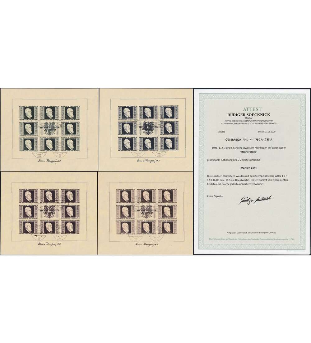 sterreich Renner-Kleinbogen Nr.772 - 775 B gestempelt mit Farbfotoattest