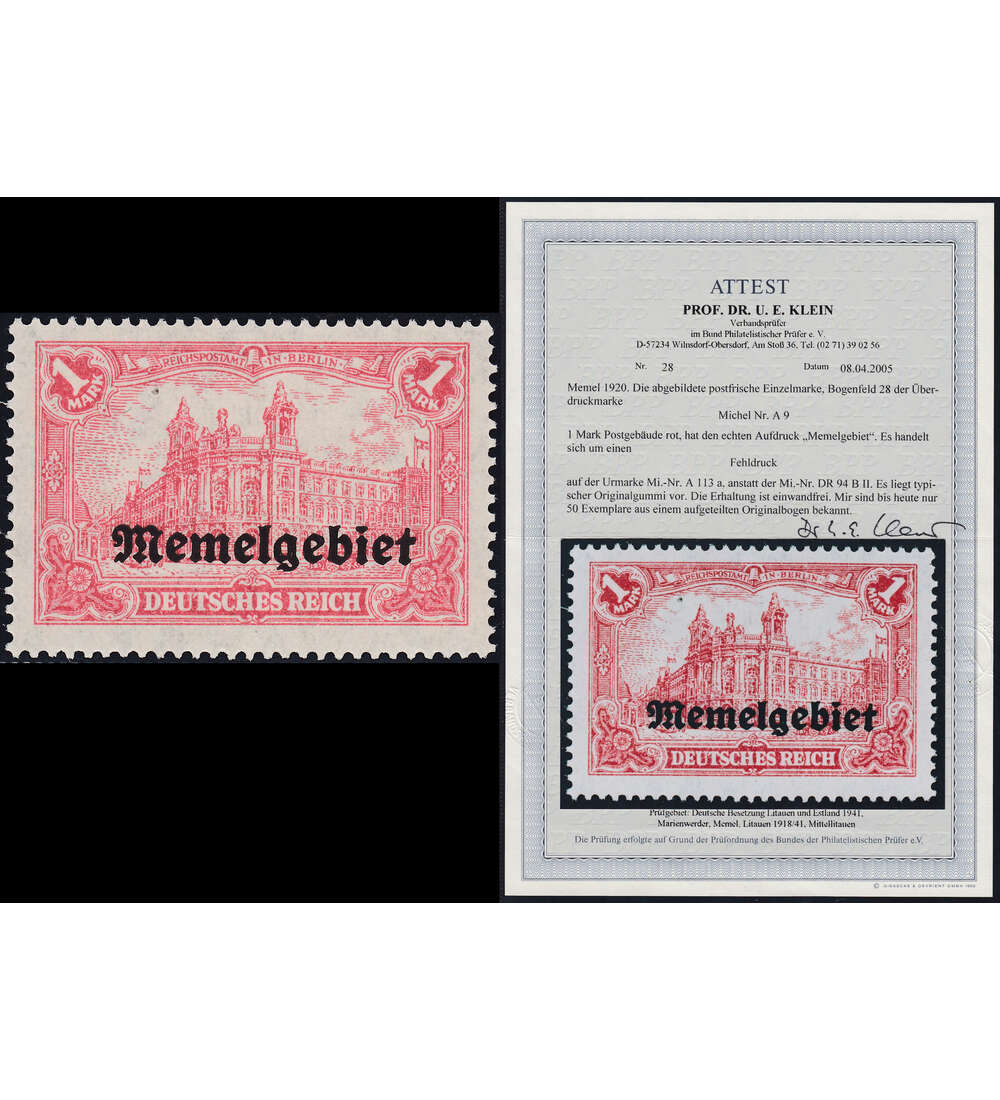 Memel - Rarit�t postfrisch ** Nr. A 9 mit Fotoattest