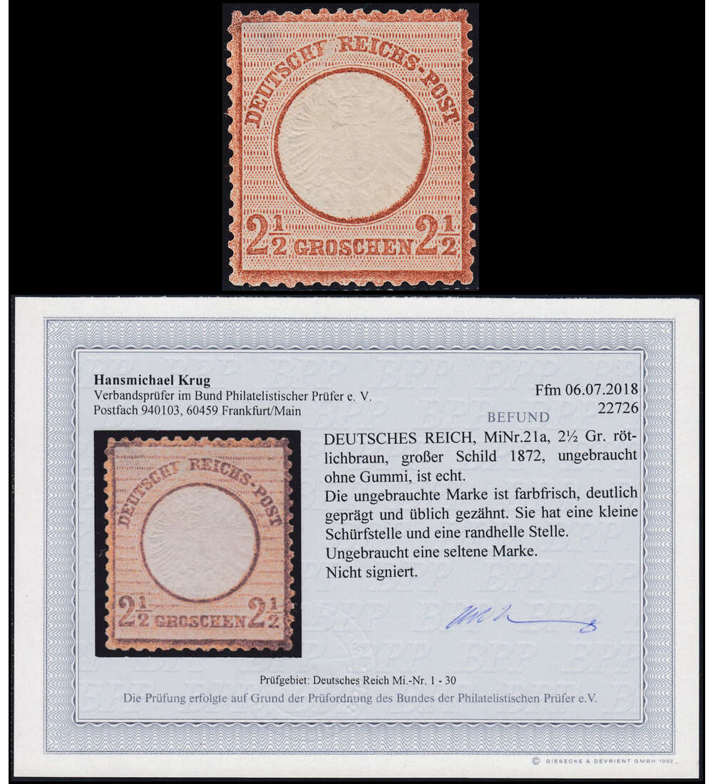 Deutsches Reich Nr. 21 ungestempelt mit Farbfotobefund