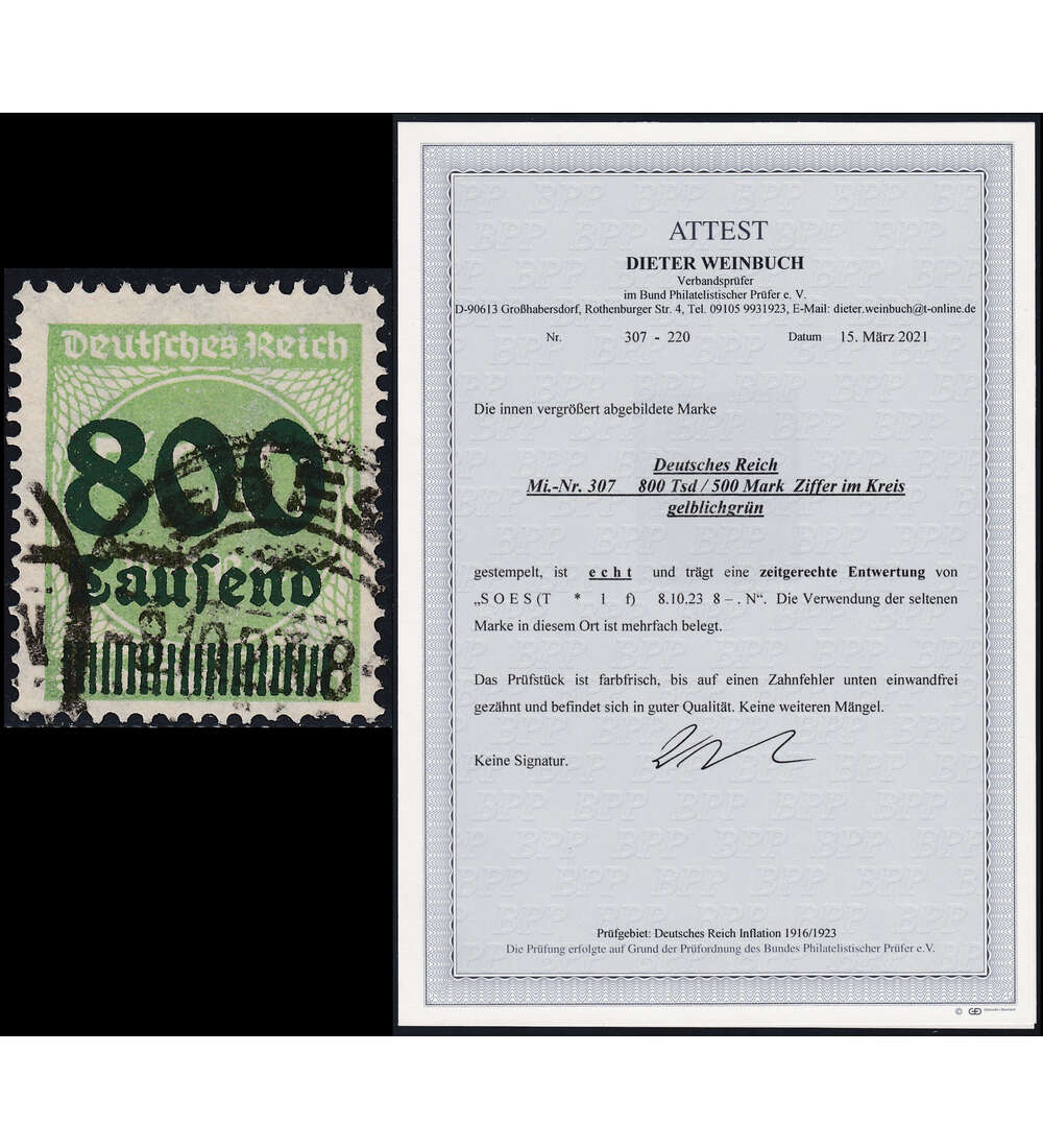 Deutsches Reich Nr. 307 gestempelt mit Farbfotoattest