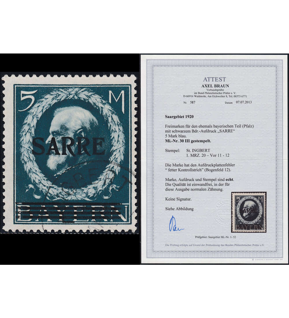 Saar Nr. 30 III gestempelt mit Farbfotoattest