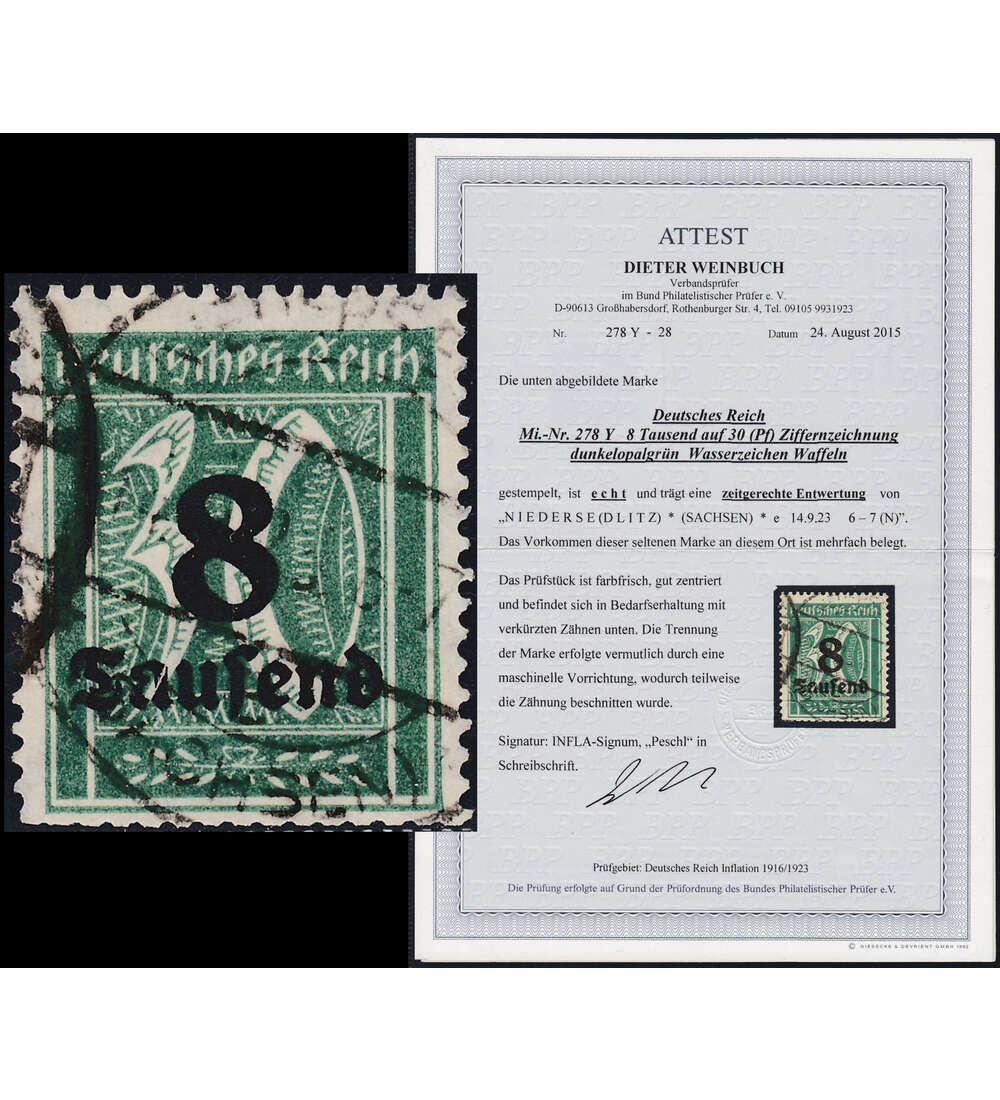 Deutsches Reich Nr. 278 Y gestempelt Farbfotoattest