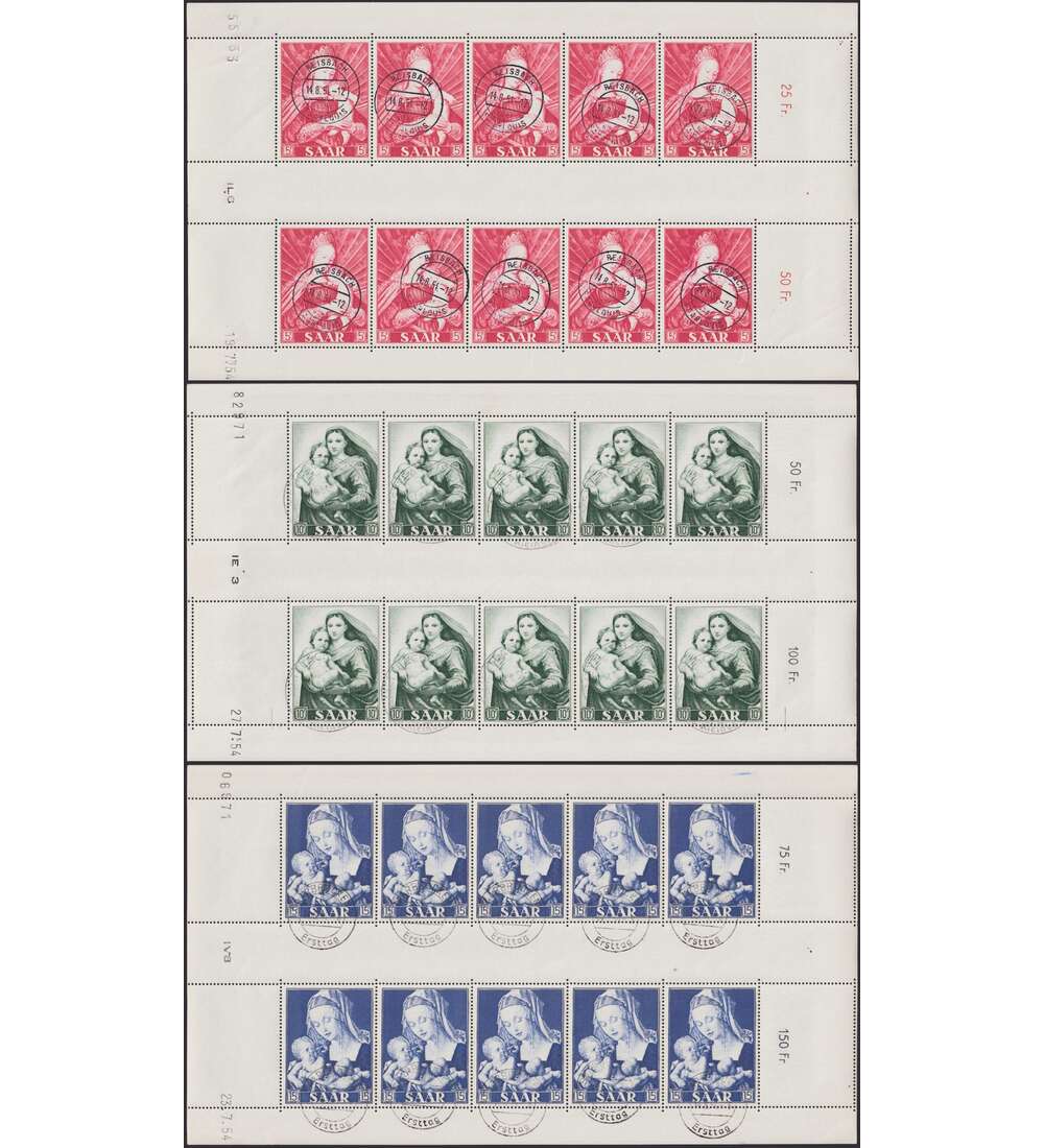 Saar Nr. 351-353 Kleinbogen mit Ersttagsstempel
