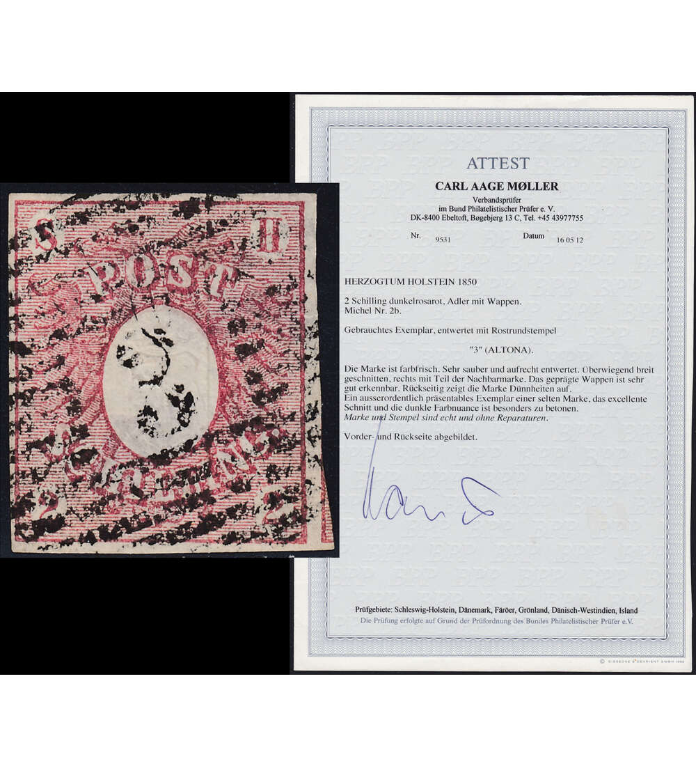 Schleswig - Holstein Nr. 2 b gestempelt mit Farbfotoattest
