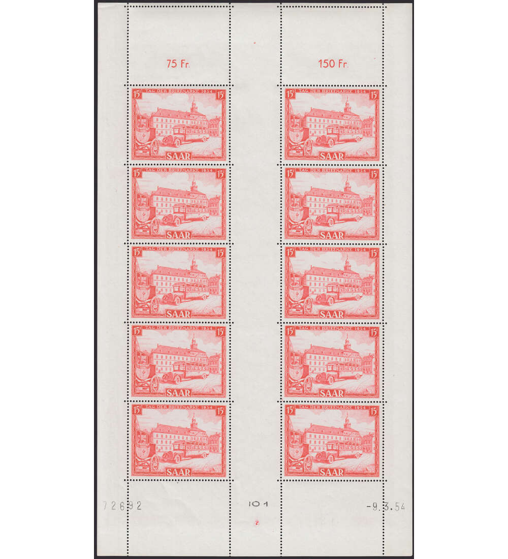 Saar Nr. 349 Kleinbogen postfrisch ** Tag der Marke 1954