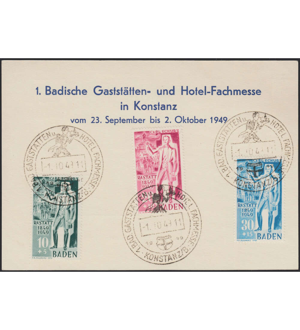 Frz. Zone Baden Nr. 50-52 auf Sonderkarte mit Sonderstempeln