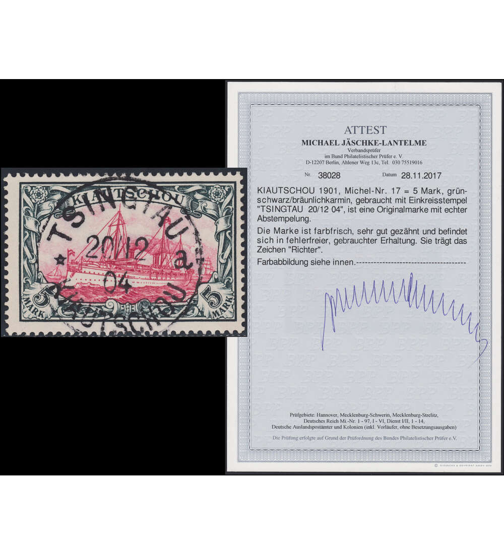 Dt. Kolonien Kiautschou Nr. 17 gestempelt mit Farbfotoattest