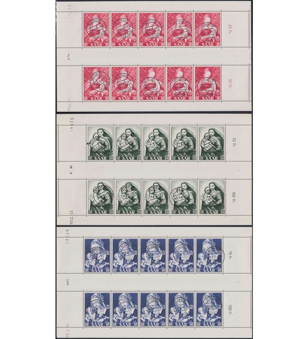 Saar Nr. 351-353 gestempelt Kleinbogen geprft und signiert