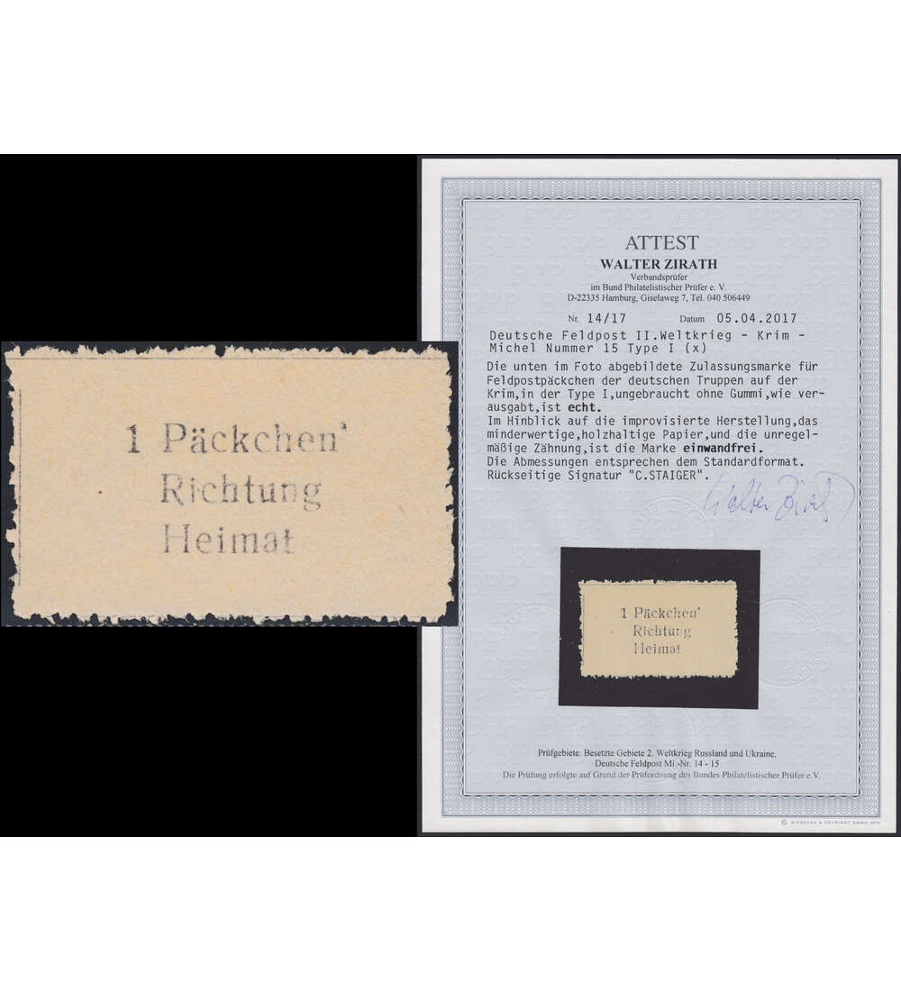 Deutsches Feldpost Krim-Marke Nr. 15 ungestempelt Farbfotoattest