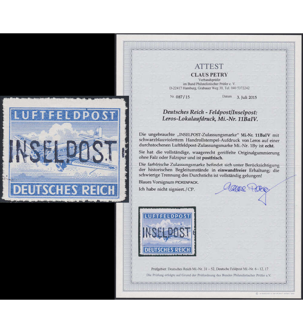 Deutsche Feldpost Insel Leros Nr. 11 B a postfrisch ** Farbfotoattest