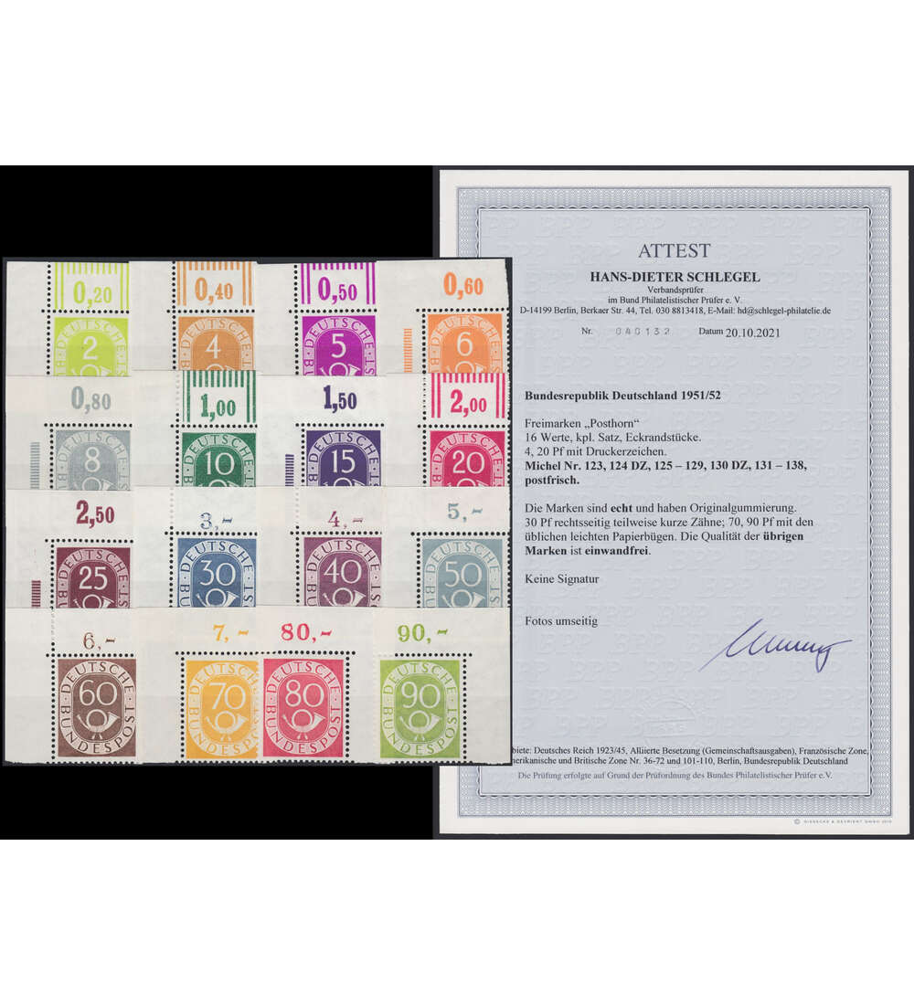BRD Bund Nr. 123-138 postfrisch ** Eckrandsatz mit Fotoattest
