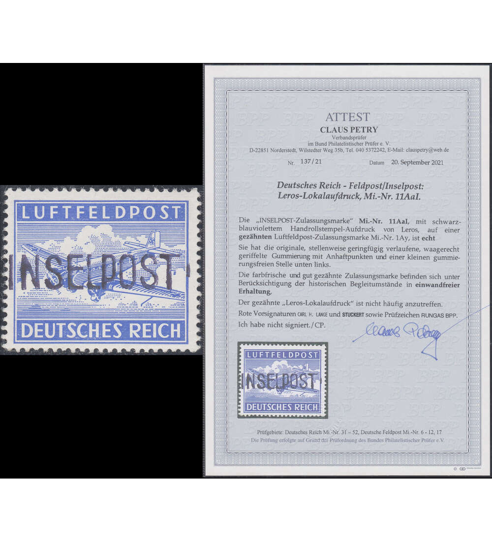 Dt. Reich Inselpost Leros Nr. 11 A a postfrisch mit Farbfotoattest