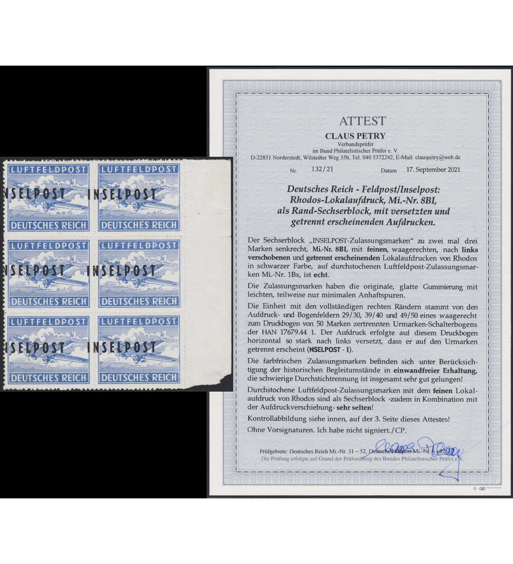 Dt. Reich - Feldpost  Nr. 8 B I als 6er-Block, re. Bogenrand